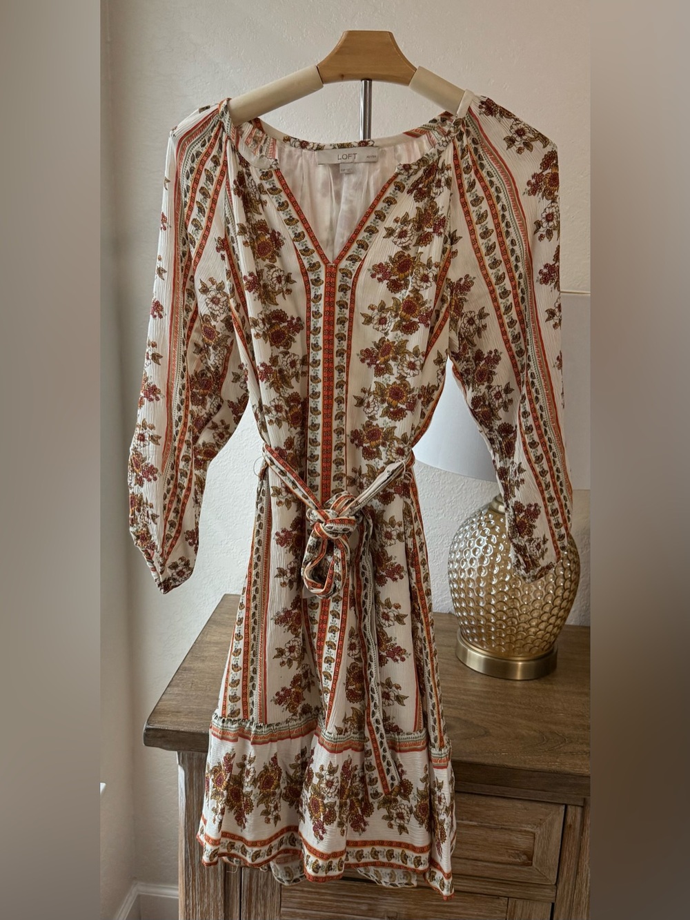 LOFT Cream Midi Dress with Rust Floral Border- Size XSP